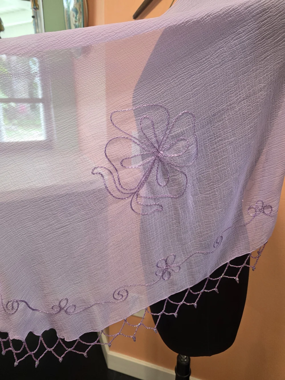 Vintage Y2K Sheer Shawl Lavender Embroidered Wrap Scarf Beaded Fringe